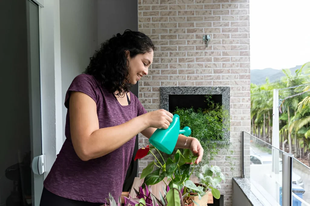 Mulher latina com cabelo encaracolado cuidando de plantas felizes em casa