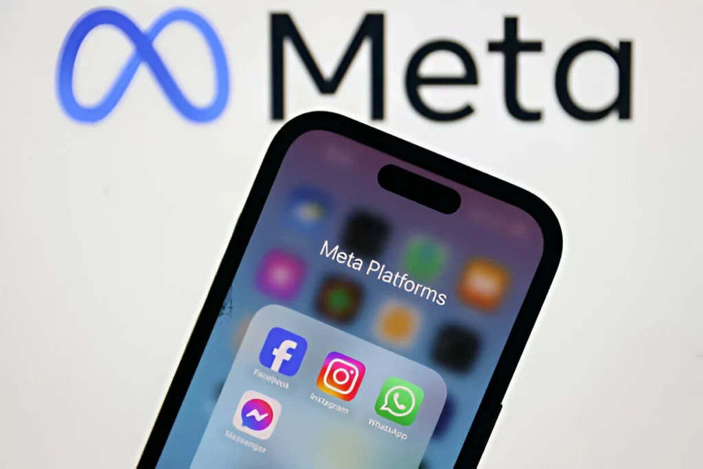 Meta logo displayed on a laptop screen and Facebook, Instagram, WhatsApp and Messenger icons displayed on a phone screen are seen in this illustration photo t